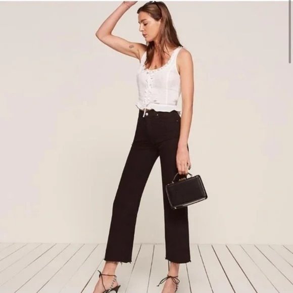 Reformation Womens Cut Off Raw Hem Black Distressed Hem Size 25 Stretch Flood - Picture 2 of 6